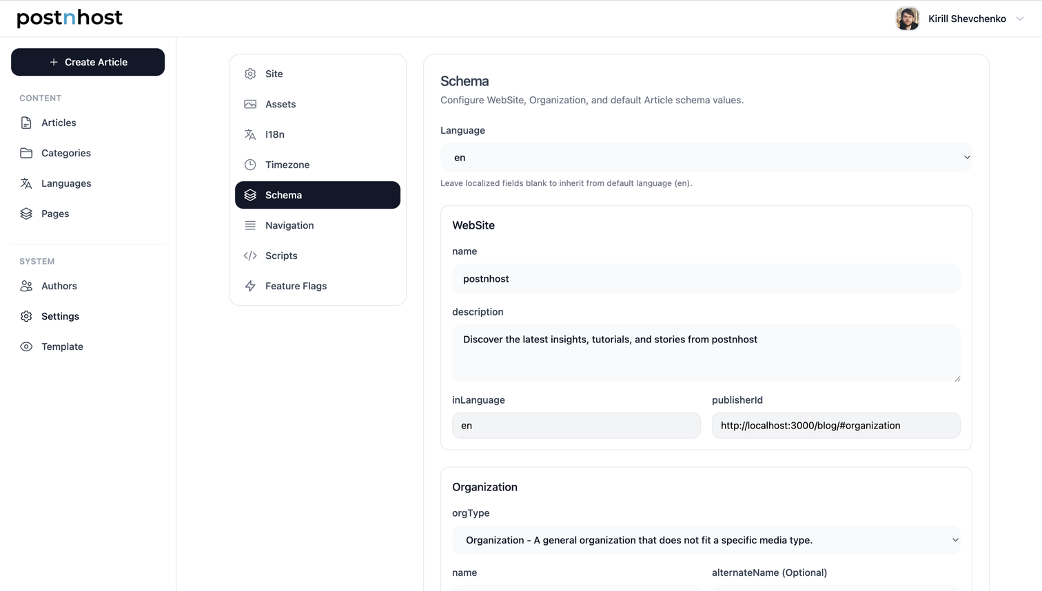 The PostnHost schema settings screen for website and organization structured data