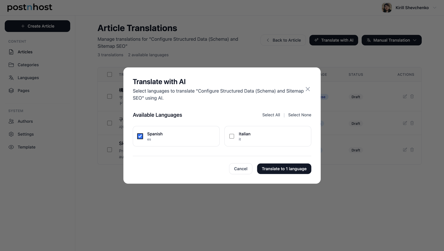 The PostnHost article translations screen with the Translate with AI dialog