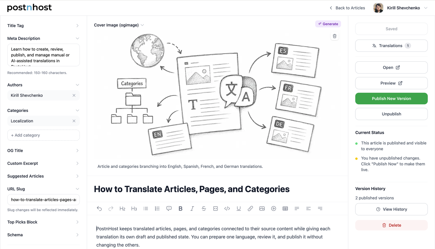 The PostnHost article editor with cover image, title, and publishing controls
