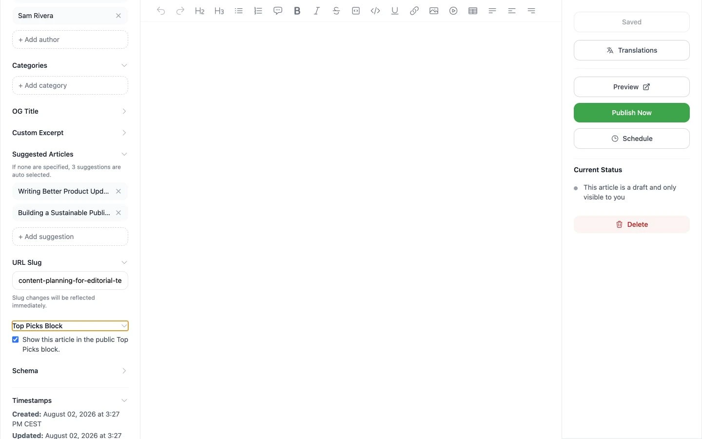 PostnHost Suggested Articles manager with two selected articles and the Top Picks Block setting enabled.