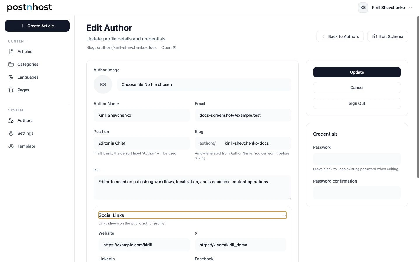 PostnHost Edit Author screen showing Kirill Shevchenko's profile details and expanded Social Links.