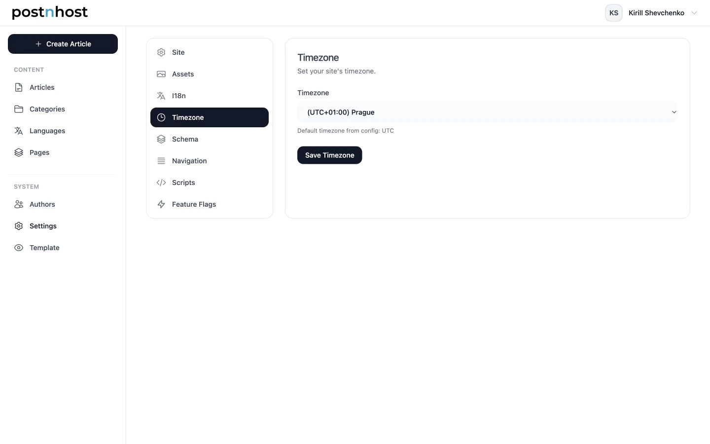 PostnHost Timezone settings with Prague selected for the editorial workspace.