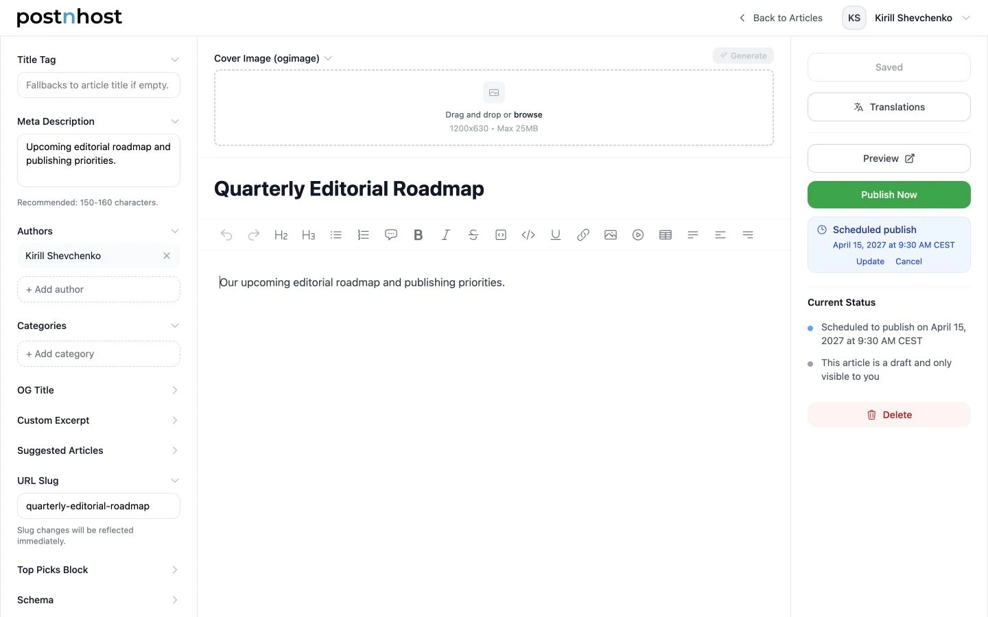 PostnHost article editor showing a Scheduled publish summary for April 15, 2027 with Update and Cancel controls.