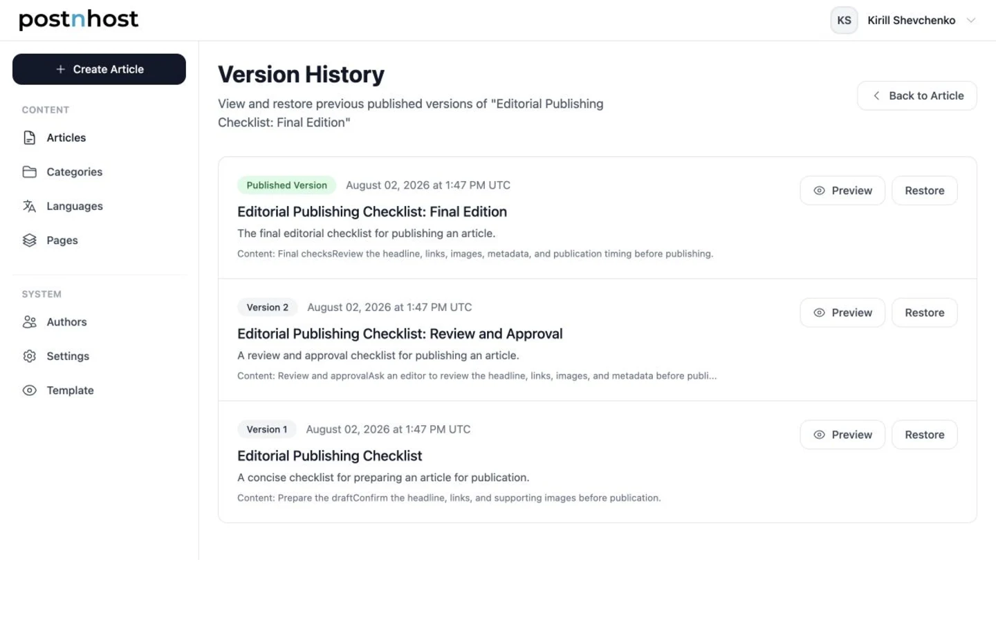 PostnHost Version History listing a published version and two older versions with Preview and Restore actions.