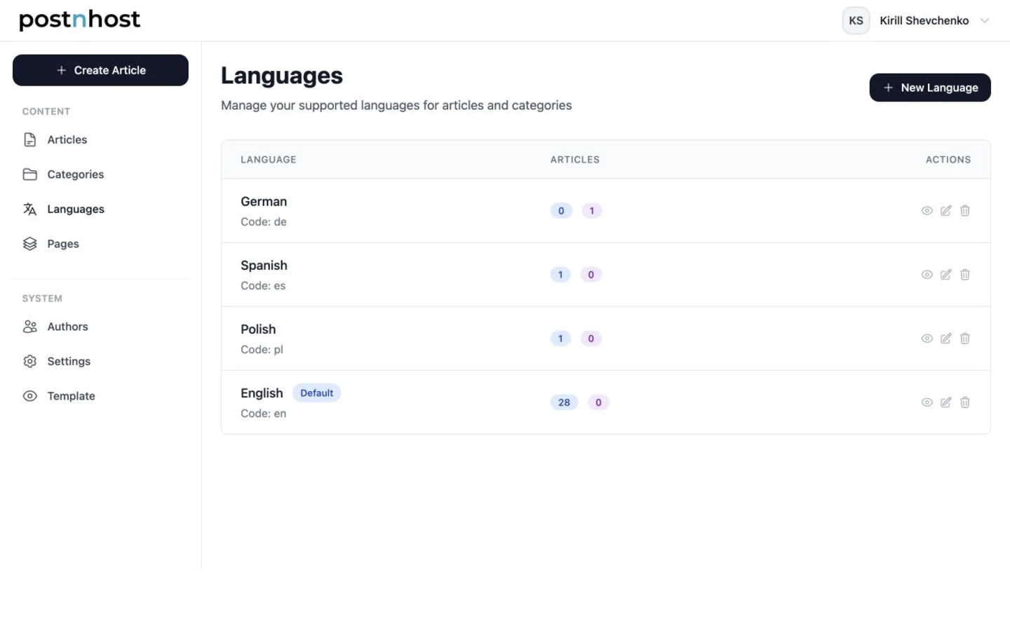 PostnHost Languages list showing English as the default language and Polish and Spanish with content counts.