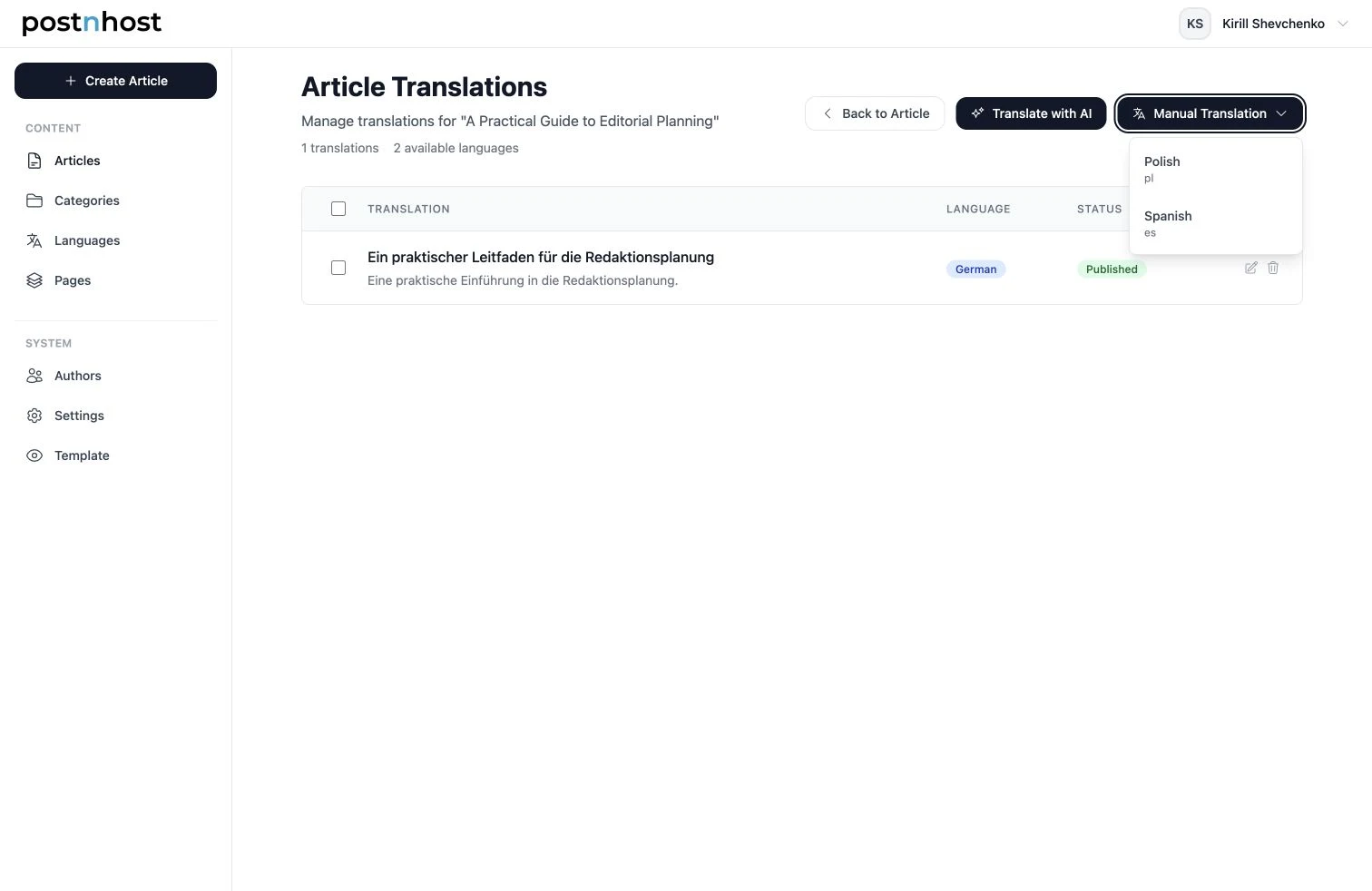 PostnHost Article Translations page with AI translation, manual language choices, and an existing translation.