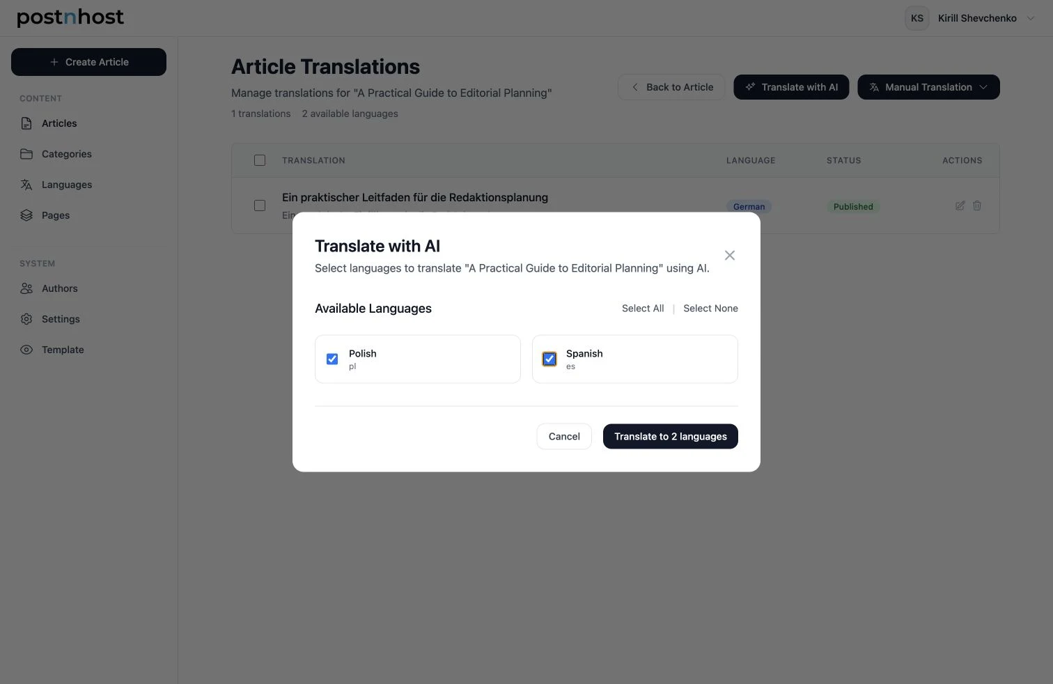 PostnHost Translate with AI dialog with Polish and Spanish selected.