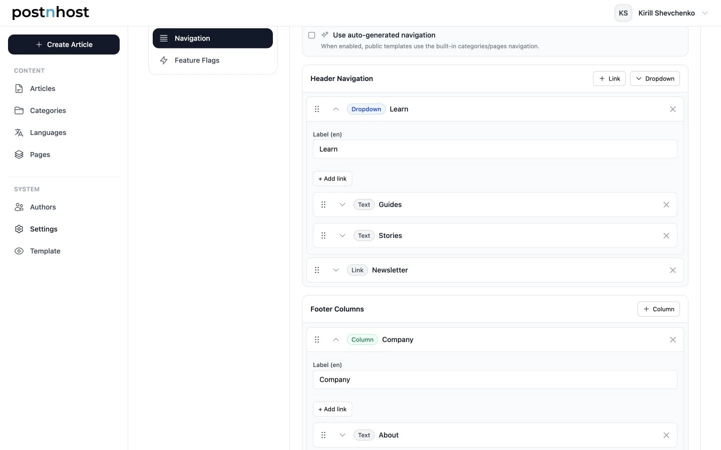 PostnHost custom navigation builder with a header link, a dropdown containing child links, and a footer column.