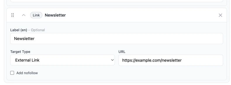 PostnHost navigation link configured as an External Link with a complete URL and the Add nofollow option.