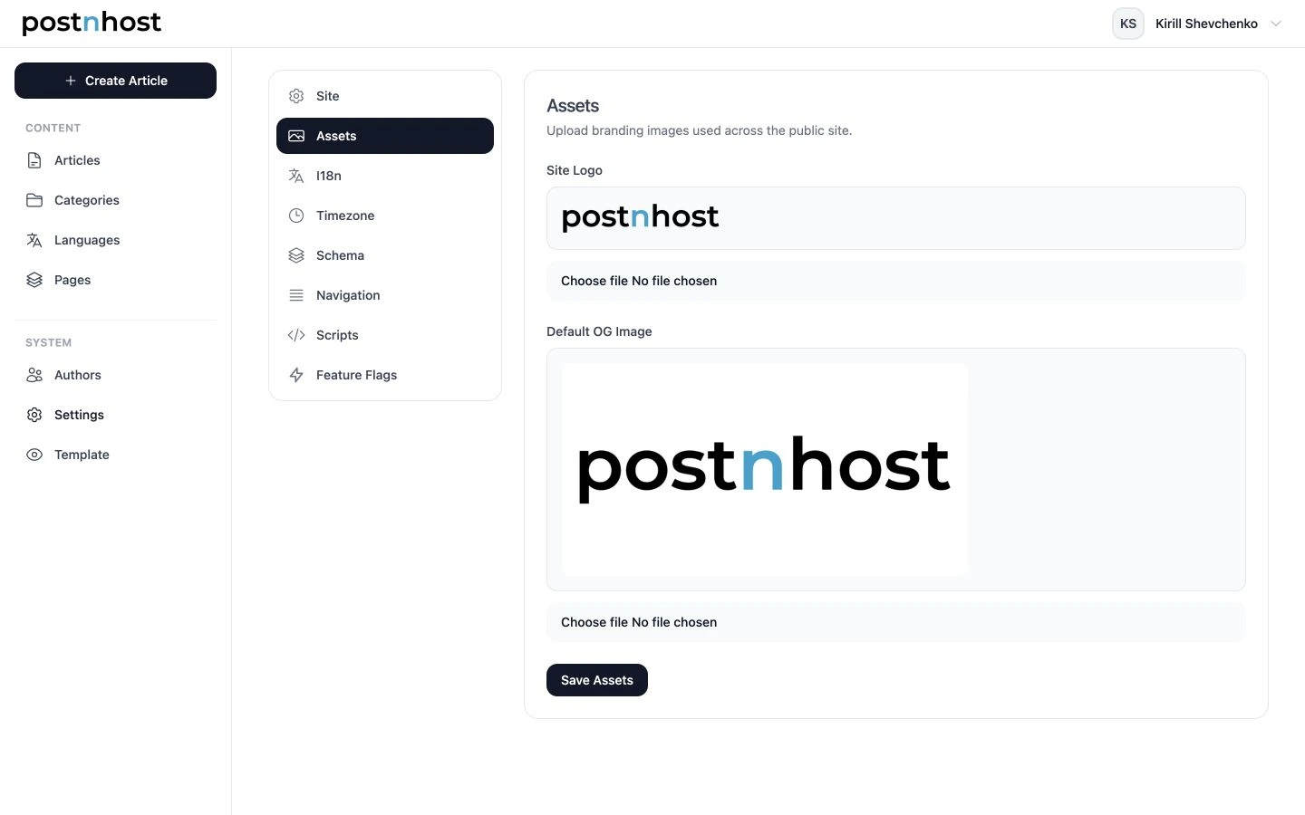 PostnHost Assets settings showing the Site Logo and Default OG Image previews and their upload controls.