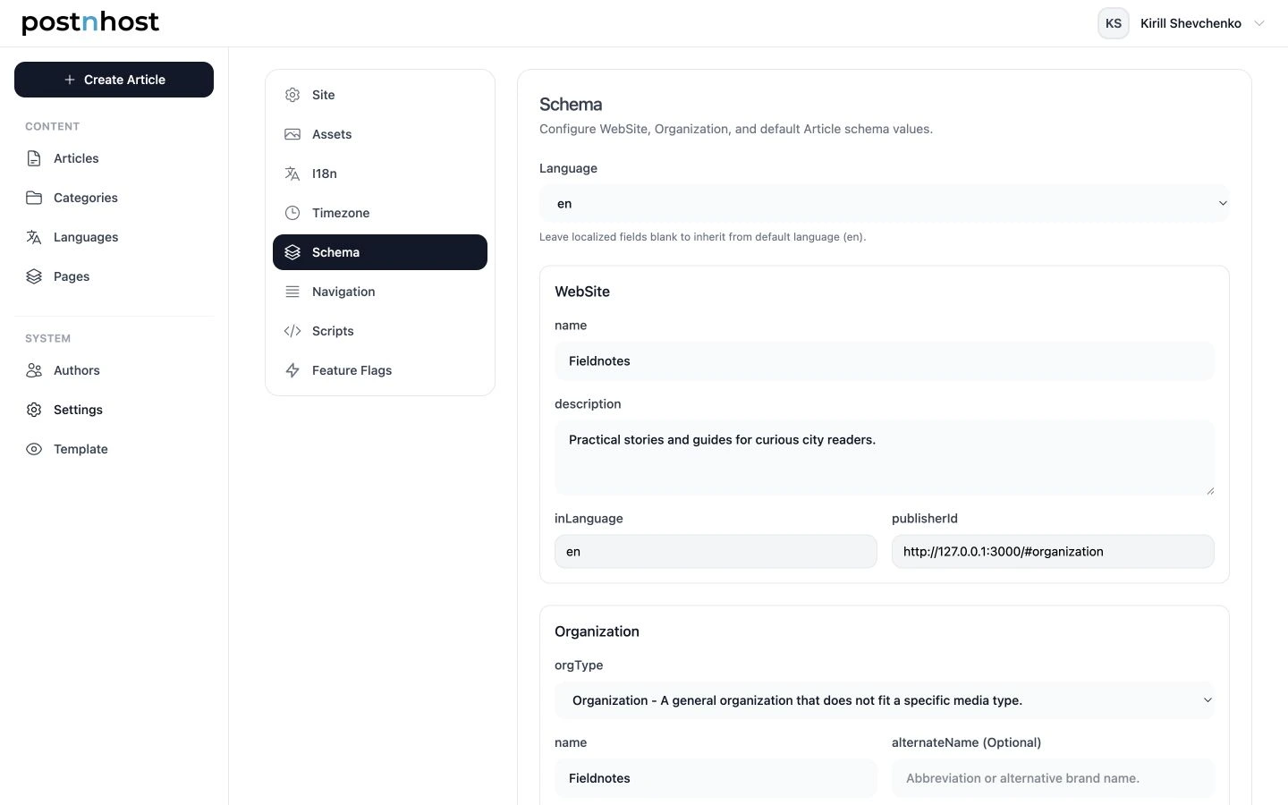 PostnHost Schema settings showing WebSite and Organization details for the Fieldnotes publication.