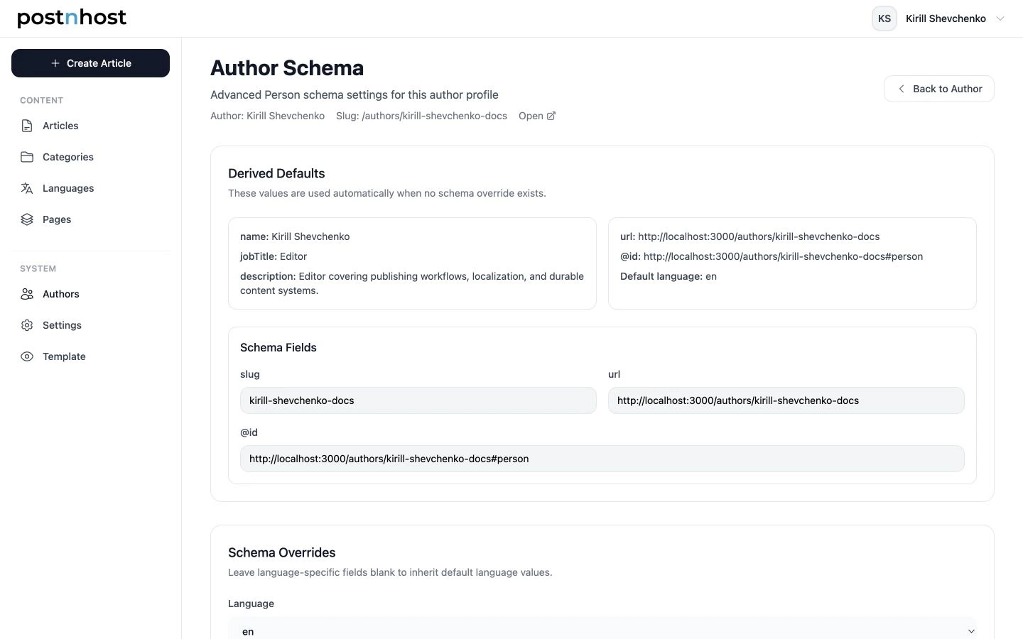 PostnHost Author Schema page for Kirill Shevchenko showing Derived Defaults and generated schema fields.