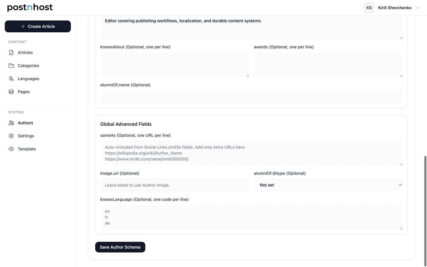 PostnHost Author Schema Global Advanced Fields and Save Author Schema button for Kirill Shevchenko.